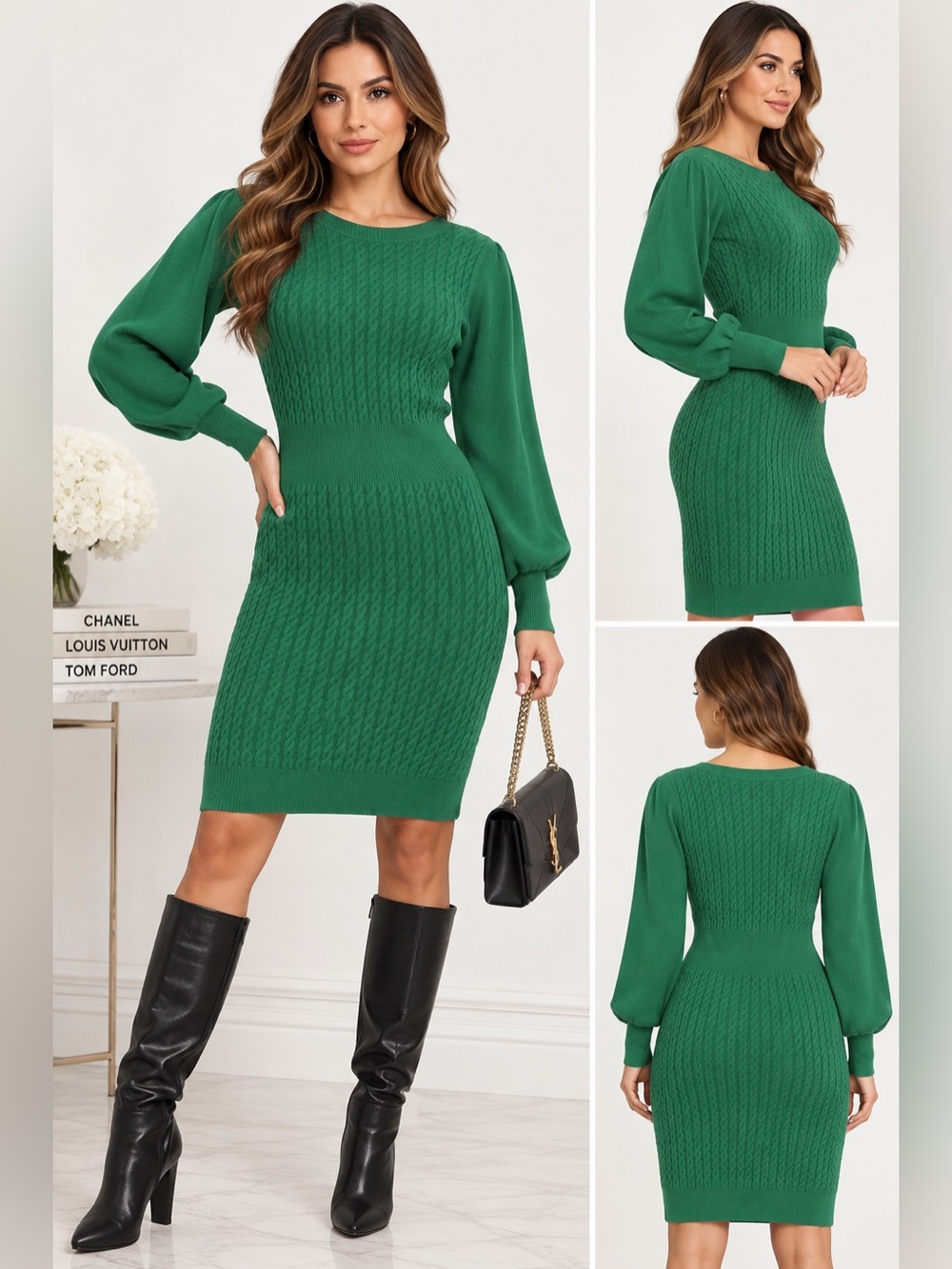 Donna Morgan Green Cable-Knit Long-Sleeve Bodycon Dress - Women